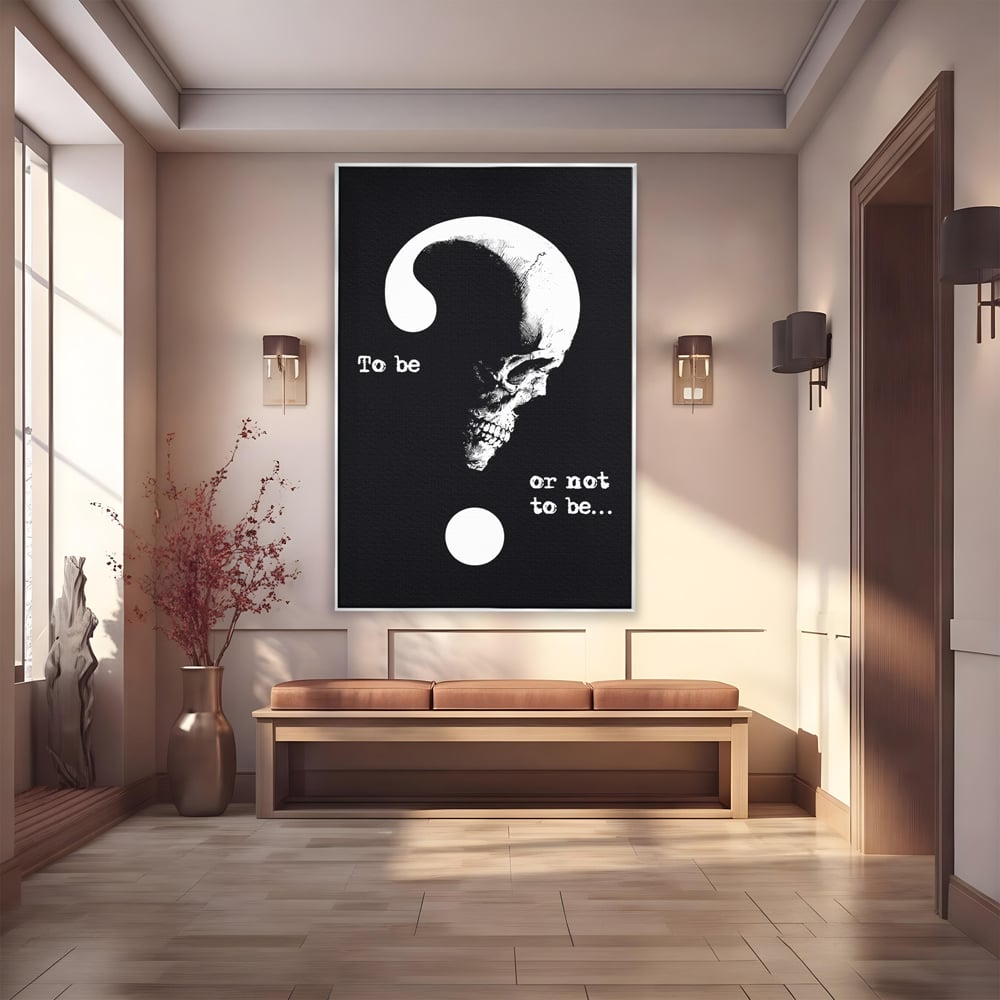 Tablou canvas cu tablou canvas cu craniu si semnul intrebarii, in rama de aluminiu argintiu